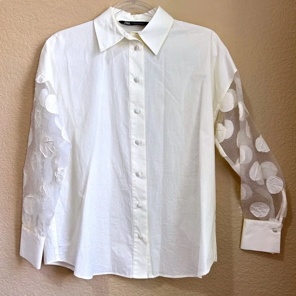Zara Sheer‎ 3D Floral Mesh Button Blouse Cream XS Polka Dot Oversized Twee Avant